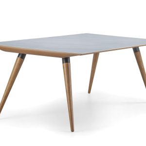 Mesa de comedor Jasmine con base curva en madera clara y tapa rectangular, estilo moderno y escultórico